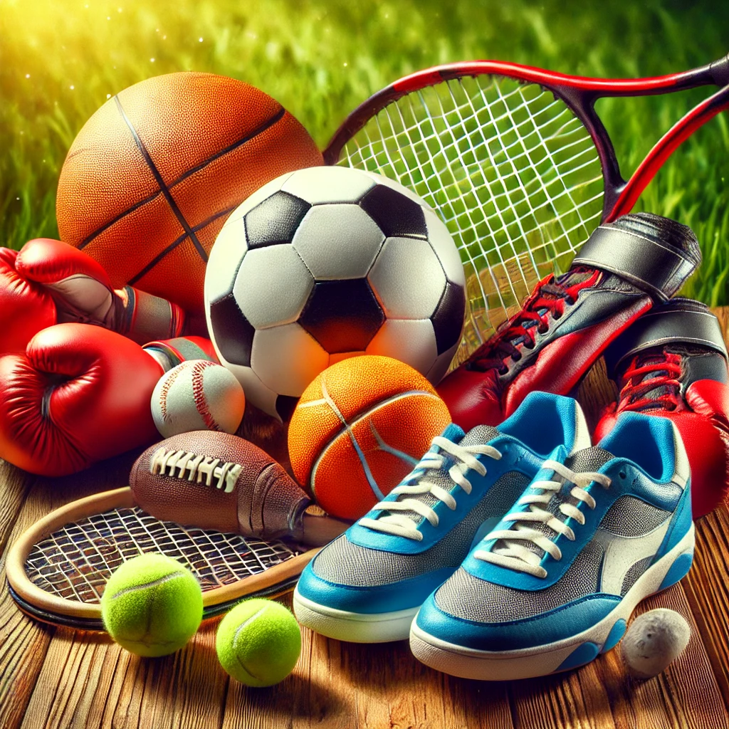 DALL·E 2024-12-11 03.56.07 - A vibrant and detailed image showcasing various sports equipment, including a soccer ball, basketball, tennis racket, baseball bat, boxing gloves, and.webp